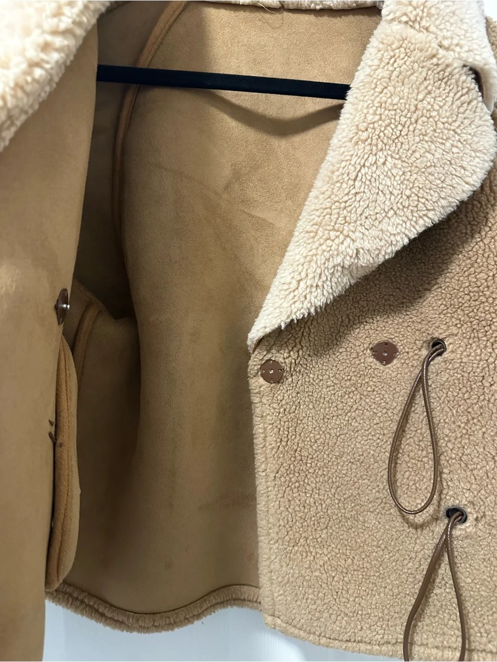 In Studio Teddy Sherpa Jacket Small Camel Faux Shearling Drawstring Bomber Coat - Picture 3 of 8